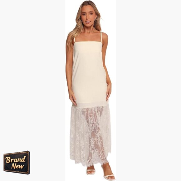 Linen Blend Midi Dress Square Neck Adjustable Straps Floral Lace
